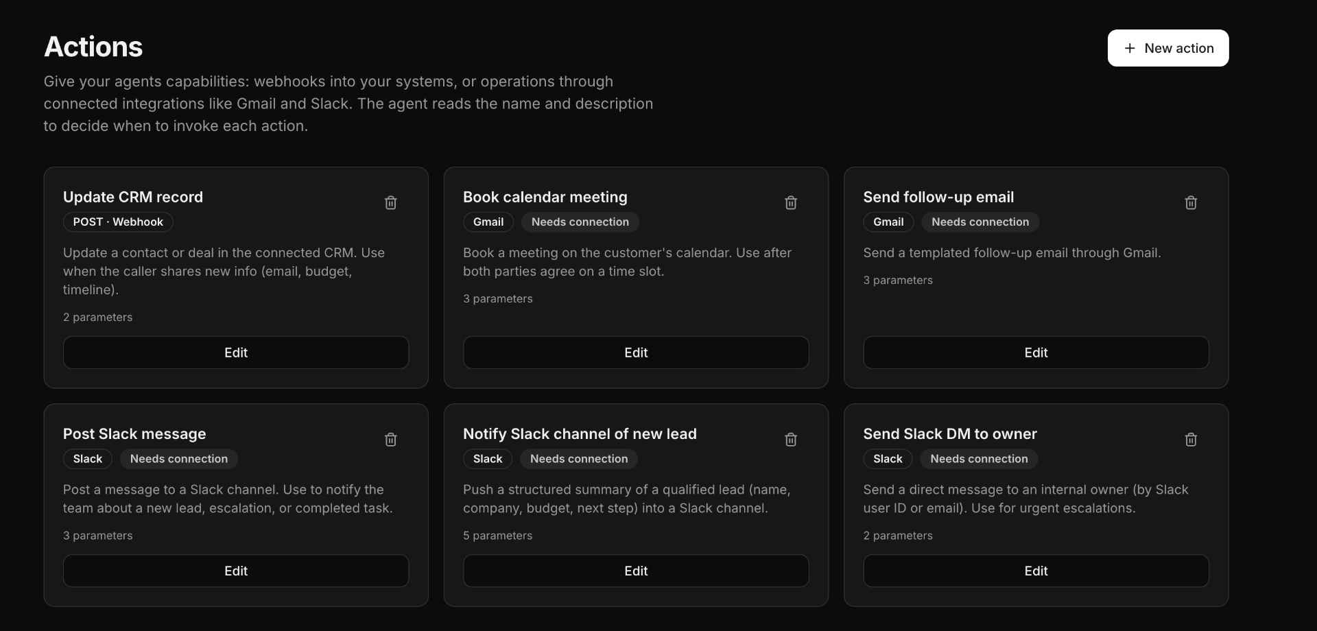 Generated actions with parameters ready to edit