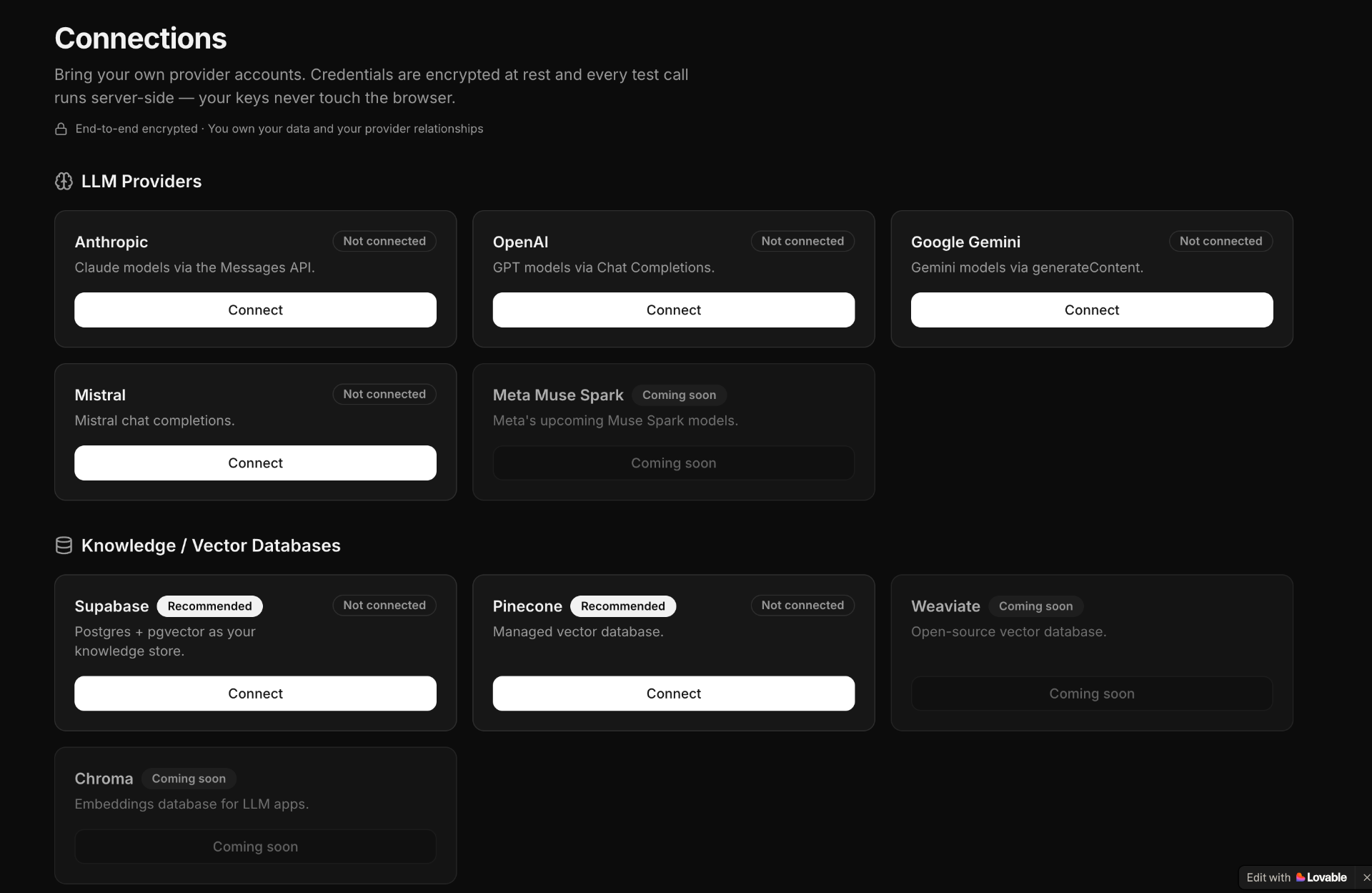 BYO provider connections powering the deployed agent